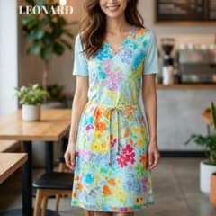 a55【未使用級】レオナール 花柄 Vネック ベルテッド ロングワンピース