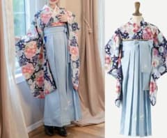 青色 袴 花柄 着物セット + 花飾り　160のサムネイル