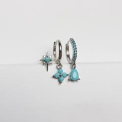 シルバー 3ピースセット 花 雫 太陽 ターコイズブルー ハワイアンジュエリー