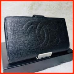 セール】CHANEL キャビアスキン ココマーク 二つ折り 長財布 がま口 黒