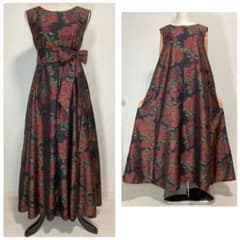 着物リメイク 大島紬ロングフレアワンピース（後ろVネック）着丈128