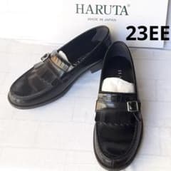 HARUTA ブラック カジュアルキルトローファー フリンジ バックル幅広め 