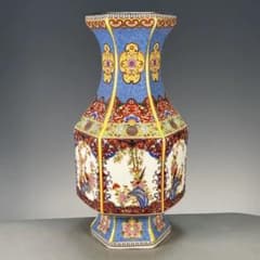 Enamel six-sided fenestration flower and bird vase Jingdezhen Ceramics Ornaments Modern Crafts Artworks Figurines