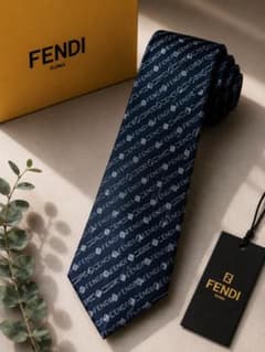 極美品 FENDI ネクタイ ズッカ柄 総ロゴ ネイビー シルク 高級 人気