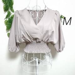 Grail M Balloon Sleeve Top Chiffon V-neck Pink Half Sleeve