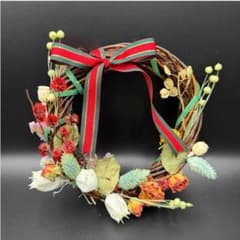 オレンジローズとチェックリボンのミニクリスマスリース (16cm)のサムネイル