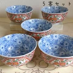 有田焼 喜峰窯 赤絵花鳥 丼ぶり揃 5客セット どんぶり 染付 中鉢 古