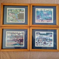アメリカンフォークアート　4枚セット　春夏秋冬　田舎風景画