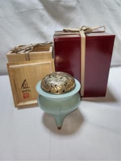 青磁 香炉 諏訪蘇山 未使用品 桐鳳凰肉刻火家 青磁袴腰 共箱二重箱付