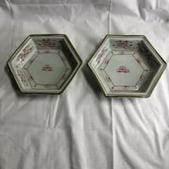 美品】陶祥窯 六角皿 浅鉢 向付 2客セット 赤絵 松紋 緑縁 和食器