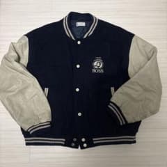 SUNTORY BOSS ボスジャン スタジャン 袖レザー 牛革 紺 刺繍 古着