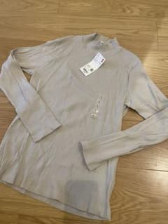 UNIQLO リブ ハイネックT 長袖 ライトグレー L