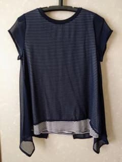 半袖 ボーダー柄トップス ブラック×ホワイト 重ね着風 Mサイズ 透け感のサムネイル