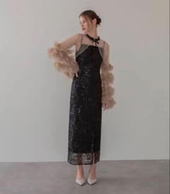 LEJA フリルチュールスリーブリボンIラインワンピースドレス 二次会 結婚式のサムネイル