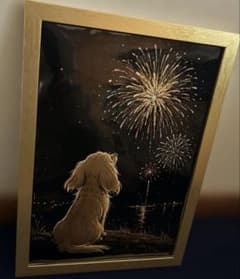 ミニチュアダックスフンド 花火を見上げる ①イラストアートフレームのサムネイル