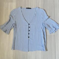 ZARA TRF ストライプ柄 半袖ブラウス ブルー XSのサムネイル