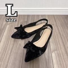 【GU】リボンフラットシューズ+E ブラック L ベロア ポインテッドトゥのサムネイル