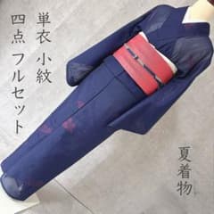 夏着物 夏用 フルセット 夏帯 絽 紗 小紋 紺 赤い花 トールサイズ V4 