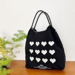 【24h以内発送】トートバッグ エコバッグ ハート 刺繍 ブラック 大容量のサムネイル