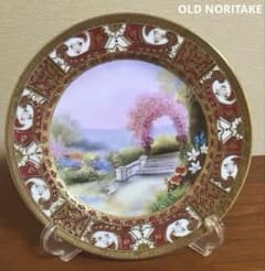 オールドノリタケ マルキ印　金盛り　風景花鳥文皿 里帰り　アンティーク オールドノリタケ マルキ印 金盛り 風景花鳥文皿 里帰り