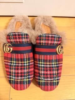 GUCCI プリンスタウンレッドチェック柄ファー付きスリッパ 8 ミケーレ