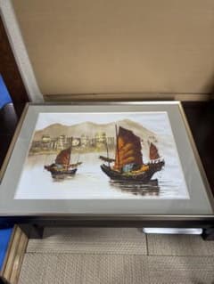 帆船 絵画 油彩画風 額装 ジャンク船 港町 アジアンアートのサムネイル