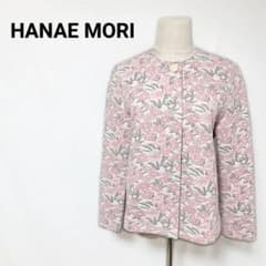 美品】ハナエモリ 花柄 ジャガード織 ノーカラージャケット ピンク M