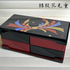 結紋　市松重箱　花見重　漆器　四段重　朱　黒　モダン　仕切り重箱　正月　和柄 結紋 市松重箱 花見重 漆器 四段重 朱 黒 モダン 仕切り重箱 正月 和柄