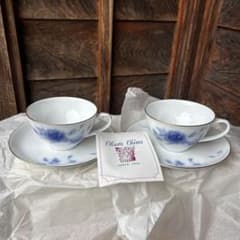 未使用 大倉陶園 Okura China ブルー 花柄 薔薇カップ・ソーサー2客