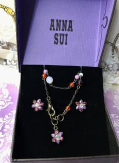 [Excellent Condition] ANA SUI Bracelet & Earrings Set (Flower Design, Colored Stones)