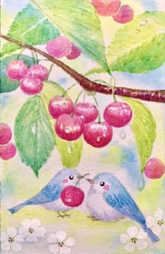 ♡たまみな♡水彩画 さくらんぼと小鳥さん　値段は※900円です ♡たまみな♡様専用水彩画 さくらんぼと小鳥さん 値段は※900円です