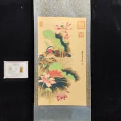 唐寅 花鳥図 荷花鴛鴦 掛け軸 中国画 掛軸 中国美術 絹布表装 173×69