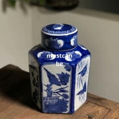 青花磁六角茶筒 景徳鎮 陶磁器 装飾品 現代工芸品 美術品 置物 青花磁六角茶筒 物入れ 景徳鎮 陶磁器 装飾品 現代工芸品 美術品 置物
