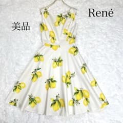 美品 Rene ルネ TISSUE社製ツイード ひざ丈ワンピース フレア 36M 美品✨️ルネ TISSUE社 フレアワンピース 総柄 イエロー ホワイト 34
