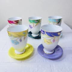 [신품] 가쓰라 유미 컵 & 접시 5 손님 세트 꽃 무늬 김채 완비품 브랜드 식기