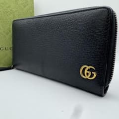 美品】GUCCI 長財布 GG マーモント ラウンドジップ レザー ブラック