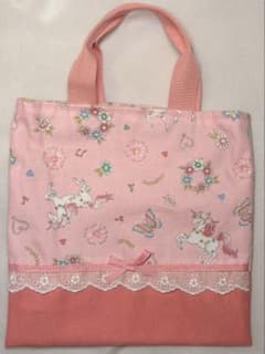 ハンドメイド ユニコーン柄 ミニトートバッグ ピンク系 リボンのサムネイル