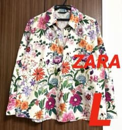 美品　ZARA ザラ フローラルプリント ポプリンシャツ 花柄　L 綿　完売品 美品】ZARA ボタニカル フローラルプリント ポプリンシャツ L 綿100