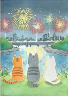 河川敷で花火を眺める猫さん A4イラスト 水彩画原画 - メルカリ
