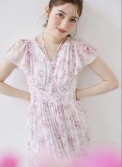 パール付きネックリボン水彩ラインフラワープリーツワンピースtoccoclosetのサムネイル