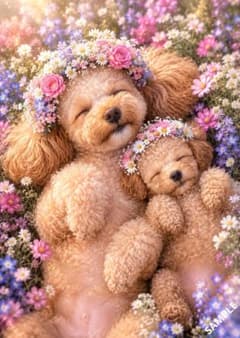 花畑で眠るトイプードルの親子のサムネイル