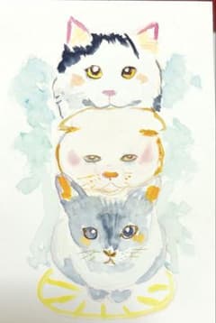 猫三兄弟 原画 水彩画 ポストカードサイズ 猫 イラスト - メルカリ