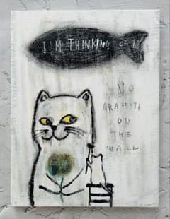 原画/絵画/猫/インテリア/Graffiti on the wall 絵画 ファブリック ネコ 猫 パネル 枠付き 40×60cm アート 人気 モダン 絵画