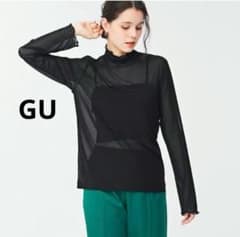 Excellent condition GU sheer high-neck t-shirt with mellow stitching, long sleeves, black.