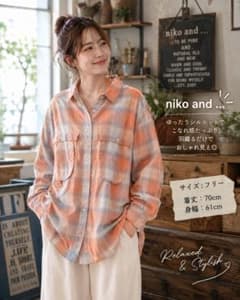 niko and... チェックシャツ F オレンジ ブルー 長袖 胸ポケットのサムネイル