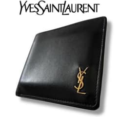 サンローラン 二つ折り財布 レザー カサンドラ 金具 ロゴ 黒 小銭入れ