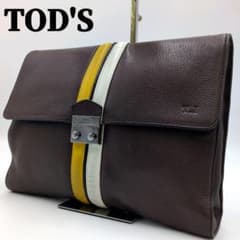 TOD'S ダブルストライプ トートバッグ A4収納可能 ダークブラウン TOD'S セカストバッグ フラップ ダブルストライプ 本革 A4収納可