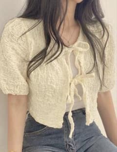 SHEIN イエロー　半袖 ショート丈 リボン カーディガンのサムネイル