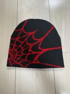 スパイダーウェブ柄 ニット帽 ビーニー ブラック×レッドのサムネイル