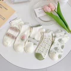 【新品5足セット】シースルー 靴下 レディース 花柄 フリル 春夏 くるぶし 白のサムネイル